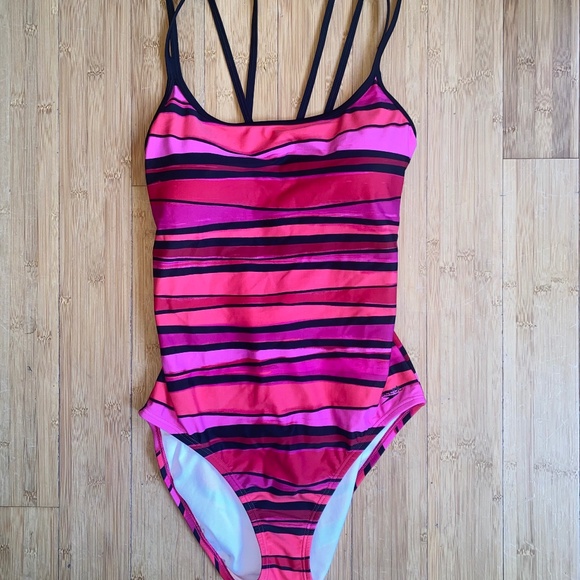 Speedo Red/Pink/Black Stripe Cross Back One-Piece Swimsuit Women's Size 14 NWOT - Picture 1 of 10